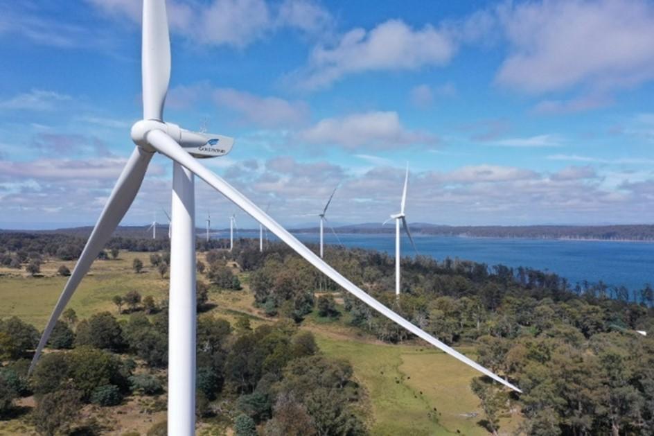 8 of the 16 wind turbines at Cattle Hill Wind Farm, located adjacent to Lake Echo in Tasmania's central plateau.